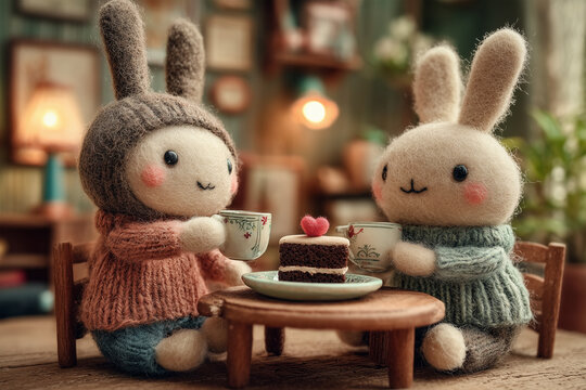 Cute Felt Rabbits Tea Party for Valentine