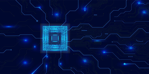 CPU Chip on Motherboard. Central Computer Processors CPU concept. Quantum computer large data processing database concept. Futuristic microchip processor. AI chip background with circuit light.