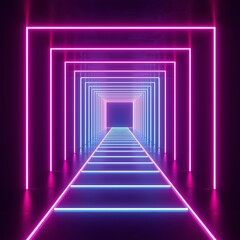 Vibrant neon tunnel with pink and blue lights leading to a futuristic portal