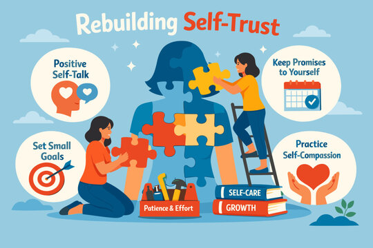 Building self-trust through positive self-talk, goal setting, and self-care practices