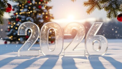 Festive 2026 ice numbers in snowy winter landscape
