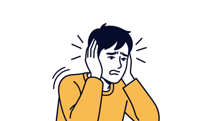 Fototapeta premium Worried person holding head with stress and anxiety concept in simple art style