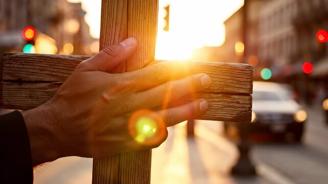 A man's hand grips a wooden cross as the sun sets, casting warm light across the scene. This moment captures the significance of the wooden cross and the fading sunlight.