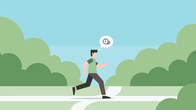 Person jogging in park thinking of coffee in minimalist style