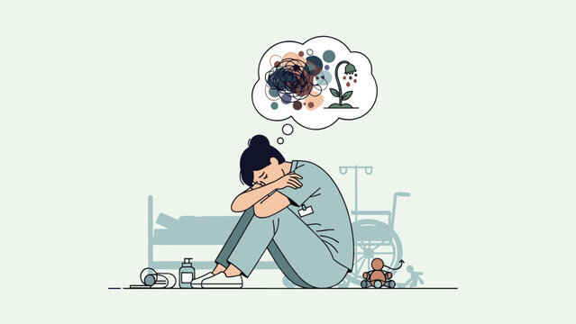 Mental health concept: nurse depressed at work with overwhelmed thoughts and burnout signs