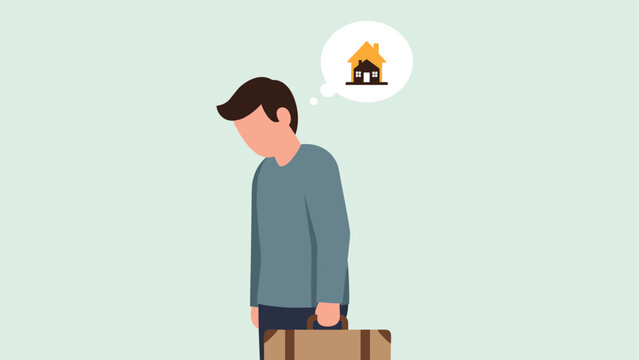 Contemplative man with luggage and home thought bubble