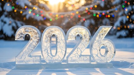 New year 2026 ice sculpture in snowy winter landscape