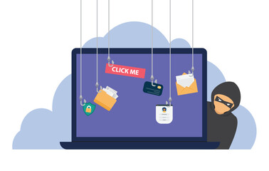 Phishing scam concept. Fraud protection, password steal, data phishing. Hacker, scammer trying to steal confidential data