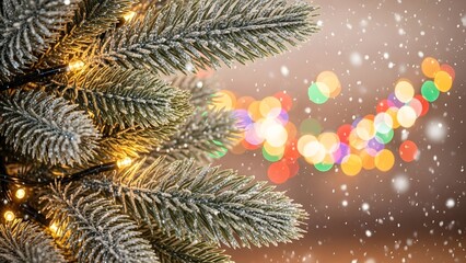 Flocked christmas tree branch with glowing lights and bokeh background