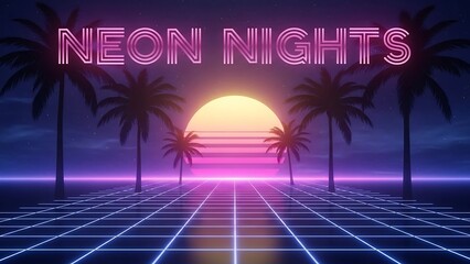 Neon Nights Retro Future Sunset Scene.