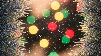 Colorful christmas bokeh lights framed by evergreen branches