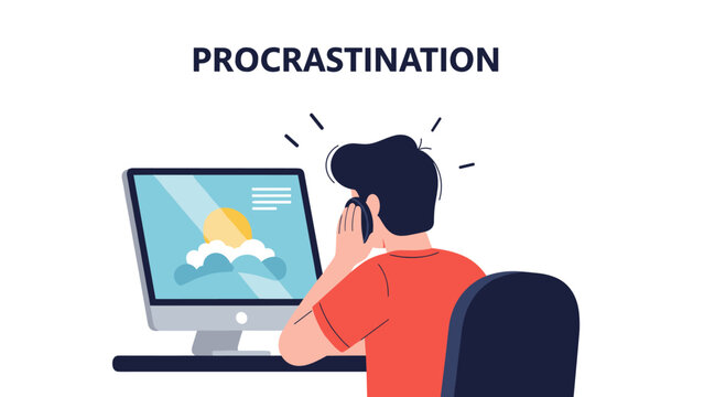 Man procrastinating at computer desk with sunrise on screen