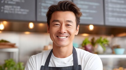 Portrait of a cheerful Asian man likely a cafe owner or employee wearing a white t shirt and dark apron