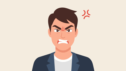 Angry man expression in flat style - frustrated male with frowning face and red angry symbol