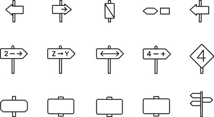 Road sign and direction line icon set featuring street signage, navigation arrows, traffic symbols, wayfinding boards and transportation guidance elements © Mostafijur