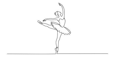 Elegant single continuous line art of a graceful ballerina performing a dance pose on pointe © Bilas