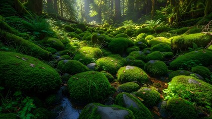 Sunlit mossy forest floor with a tranquil stream winding through ancient, vibrant green rocks