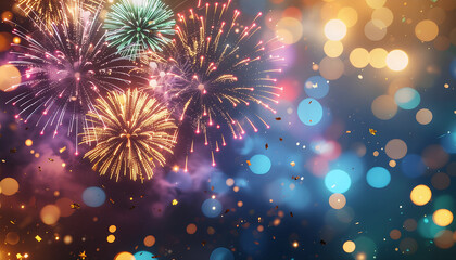 Obraz premium Celebrating Brilliance: Fireworks burst vibrantly against a backdrop of shimmering lights, igniting the night sky with streaks of color. Celebrating a new year. A visual spectacle of joy.