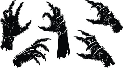 Spooky Monster Claw silhouettes, set of various frightening zombie hands with sharp nails, creepy creature arms and talons, vector illustration content. © Hello World