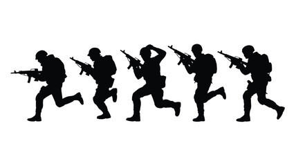 Silhouette of soldiers in action running with rifles and combat gear