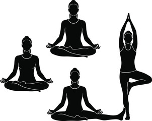 Vector collection of advanced female yoga and Pilates silhouettes, featuring complex headstands, deep backbends, and various challenging stretching and balance poses,  © Hello World