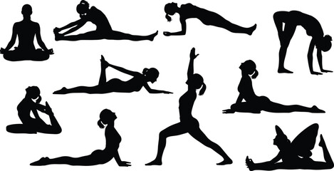 Vector collection of serene female yoga silhouettes, featuring standing warrior, king pigeon, seated meditation, and various relaxing floor stretch poses, ideal for health and wellness design.
