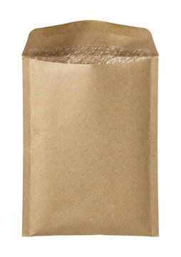 Open brown bubble mailer envelope. Shipping packaging material.
