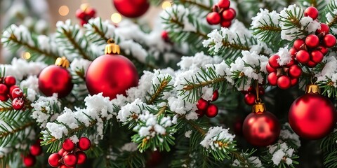 Festive evergreen branches dusted with artificial snow and baubles ,  glint,  decoration