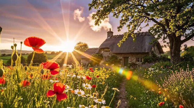 A thatched cottage stands amidst vibrant flowers as the sun sets in the background. The red poppies and daisies create a colorful scene, enhancing the rustic charm of the cottage.