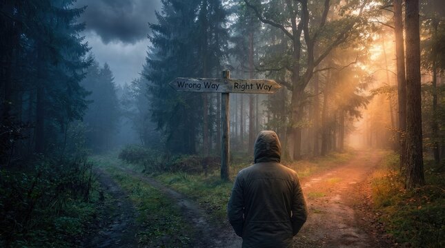 Person Facing a Fork in a Dark Forest with Signs for Wrong Way and Right Way crossroads decision