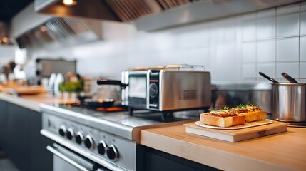 Stainless steel appliances including a stove and toaster are visible in a professional kitchen environment with a focus on meticulously prepared gourmet food items presented on a rustic wooden board
