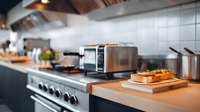 Stainless steel appliances including a stove and toaster are visible in a professional kitchen environment with a focus on meticulously prepared gourmet food items presented on a rustic wooden board