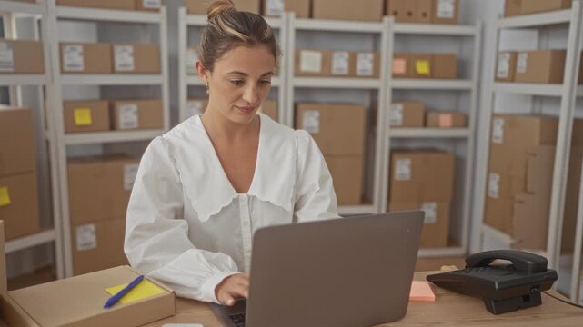Woman in white blouse typing on laptop with parcel and shelving boxes while giving thumbs up in building; confidence entrepreneurship success.