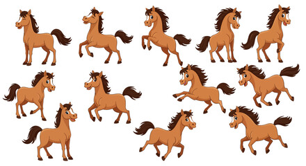 A charming collection of cartoon horses in various playful poses, perfect for children's themes