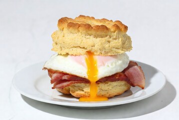 Delicious Breakfast Sandwich with Egg, Bacon, and Fluffy Biscuit - Food Photography of a Hearty Morning Meal with Farm Fresh Ingredients for a Savory Culinary Delight