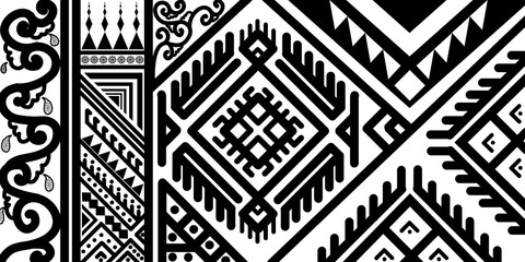 Black and white traditional tribal geometric textile pattern, ethnic fabric design with ornamental border, symmetrical diamond motifs, angular zigzag and abstract symbols, seamless repeating pattern.