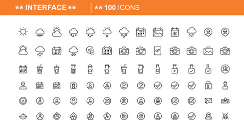 Interface thin line icons set with weather, calendar, camera, location, user, notification, status, and modern application outline symbols for web and mobile design