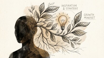Silhouette of a head with a plant growing from it, featuring a lightbulb and text inspiration strategy