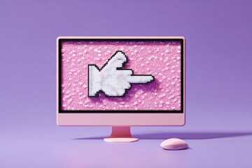 Pink desktop monitor displays pixelated pointing hand over glittery pink background