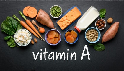 Vitamin A Nutrition Concept on Black Slate Table