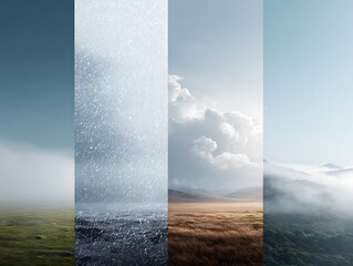 Vertical split image showing different weather conditions across seasons. Rain, clouds, fog and clear sky representing four seasons weather and climate change cycle