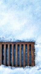 A metal drain grate partially covered by fresh, white snow under a cloudy winter sky