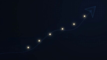 Abstract Financial Growth Arrow with Glowing Data Points Success and Business Performance Upward Trend Digital Marketing Analytics Progress Graphic on Dark Blue