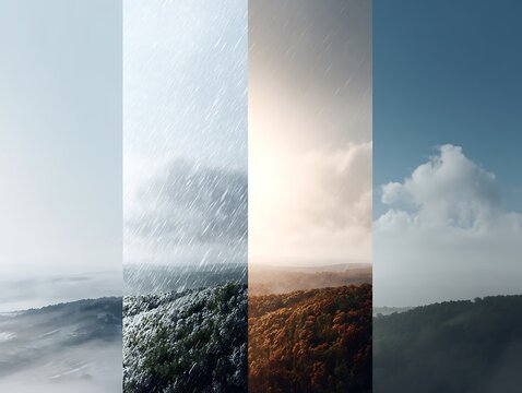 Vertical split landscape with fog, rain, sunlight and clear sky. Concept of four seasons weather transitions and climate variability