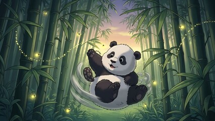 Panda bear in bamboo forest with fireflies.