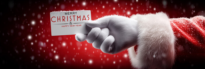 Extreme Close-up of the hand of Santa Claus Wearing White Glove, Red and White Costume and White Fur Sleeve, Holding a Greeting Card with Text &ldquo;Merry Christmas and Happy New Year&rdquo;. Generative Ai.
