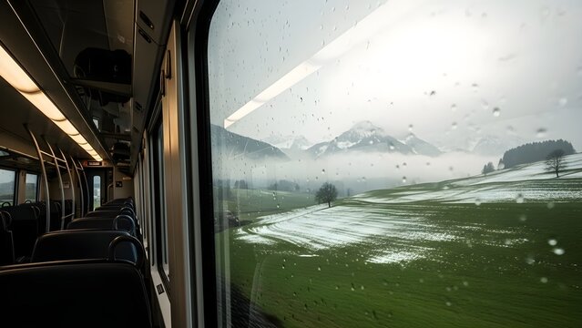 Scenic train ride through snowy mountains and green fields