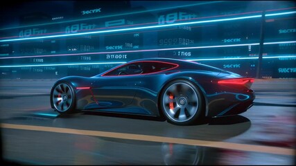 A futuristic sports car drives along a nighttime highway with neon lights and digital data. A concept of high technology, speed, and artificial intelligence. - Powered by Adobe