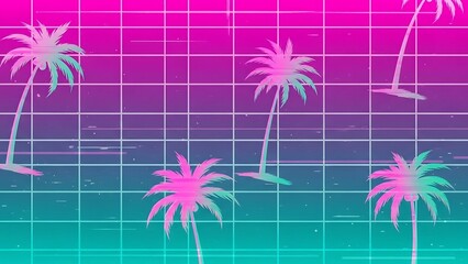 Retro neon palm trees grid background.