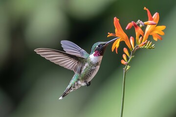 A hummingbird in mid flight feeding on vibrant orange tubular flowers